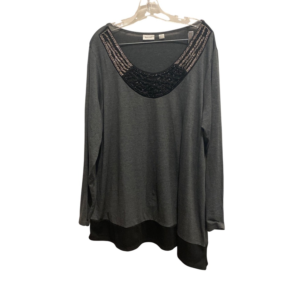 Avenue Womens Plus Size 18/20 Gray Beaded Neck Long Sleeve Colorblock Tunic Top